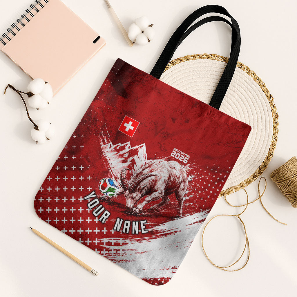 Personalized Switzerland Ibex Soccer 2026 Tote Bag Grunge Swiss Football Cross Mountain