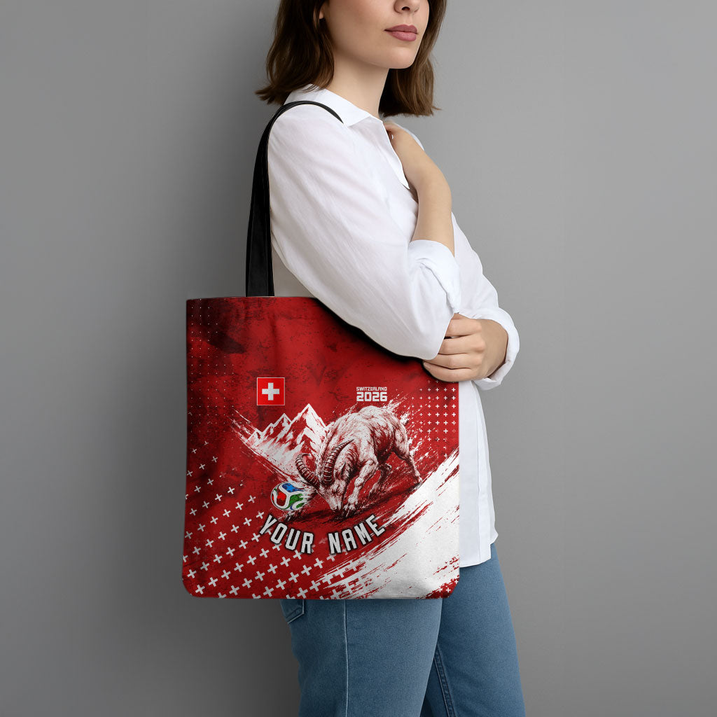 Personalized Switzerland Ibex Soccer 2026 Tote Bag Grunge Swiss Football Cross Mountain