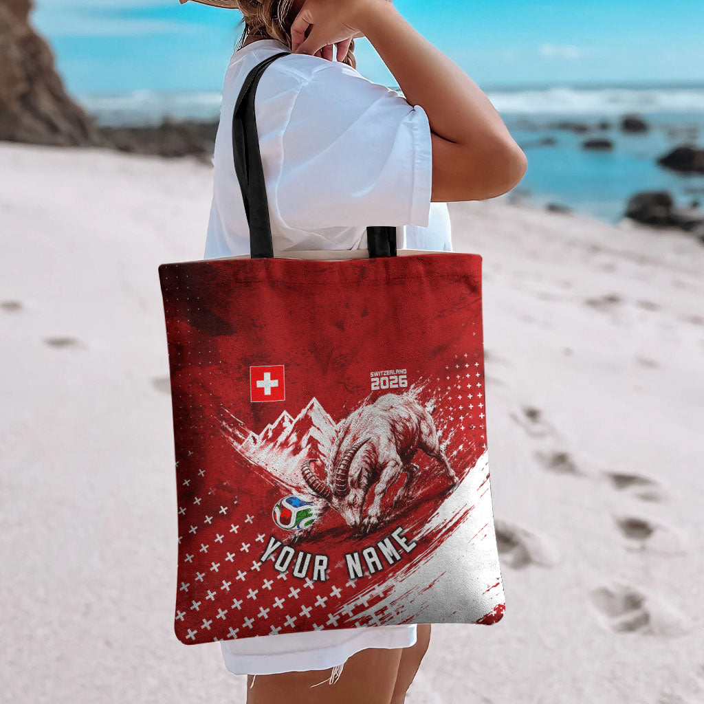 Personalized Switzerland Ibex Soccer 2026 Tote Bag Grunge Swiss Football Cross Mountain