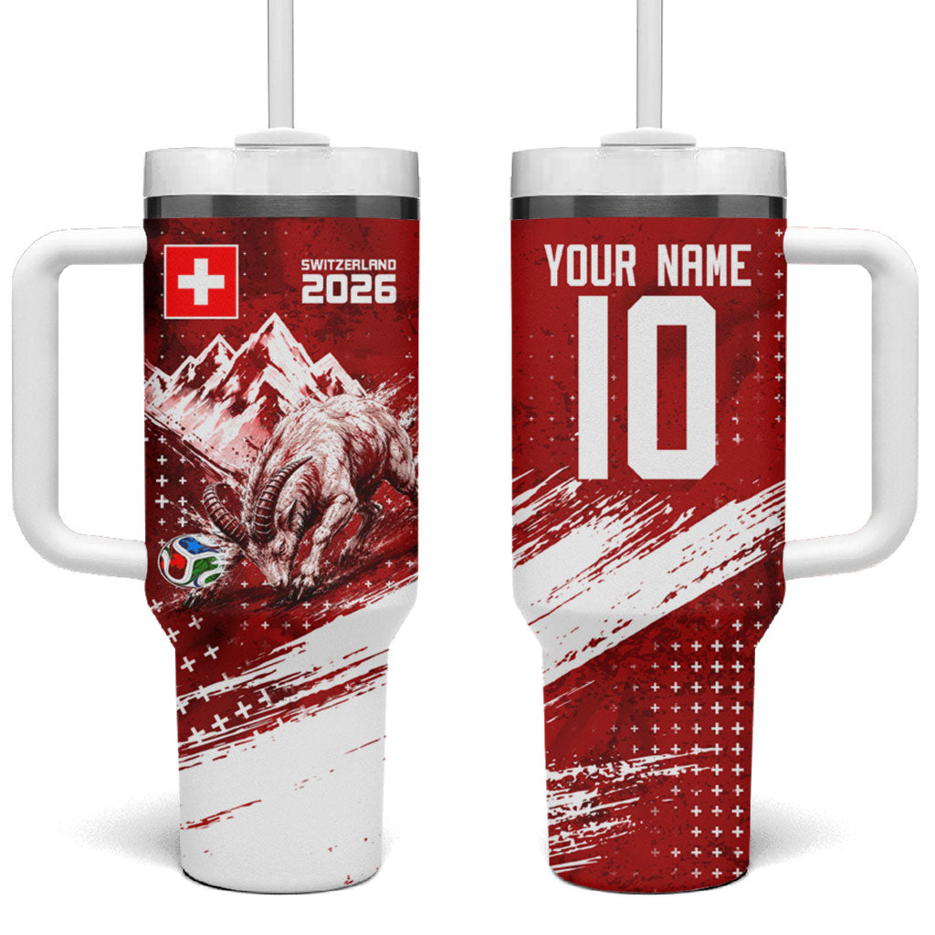 Personalized Switzerland Ibex Soccer 2026 Tumbler With Handle Grunge Swiss Football Cross Mountain