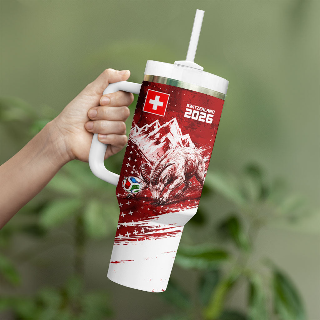 Personalized Switzerland Ibex Soccer 2026 Tumbler With Handle Grunge Swiss Football Cross Mountain
