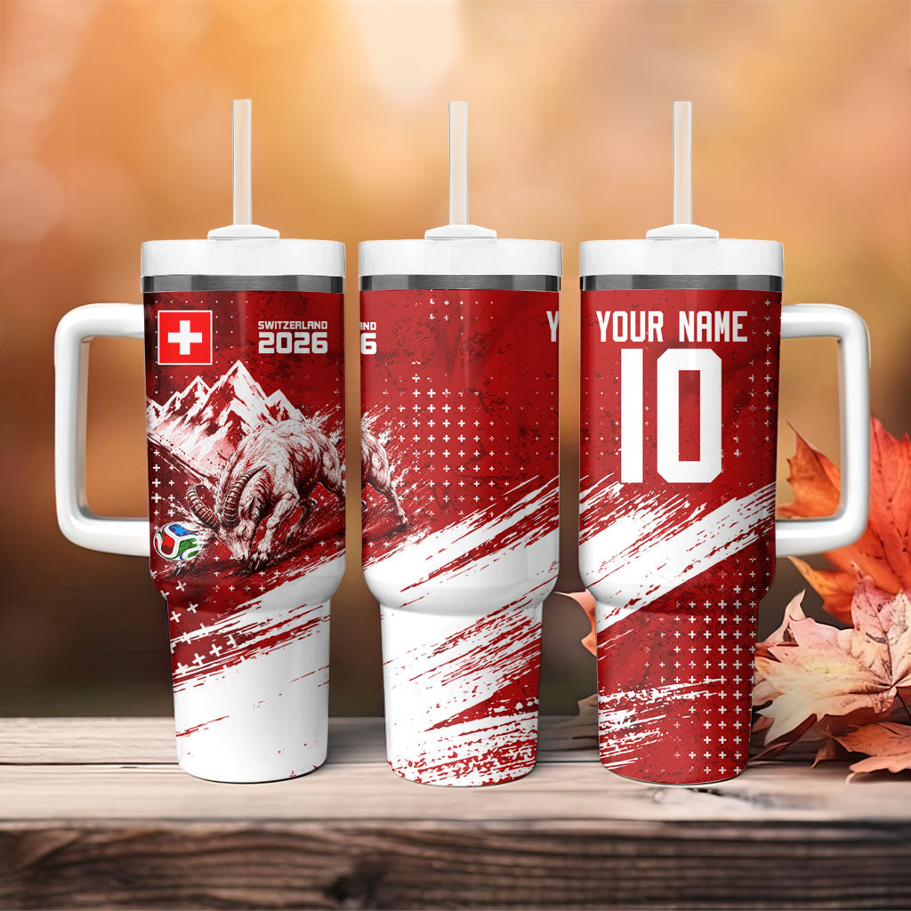 Personalized Switzerland Ibex Soccer 2026 Tumbler With Handle Grunge Swiss Football Cross Mountain
