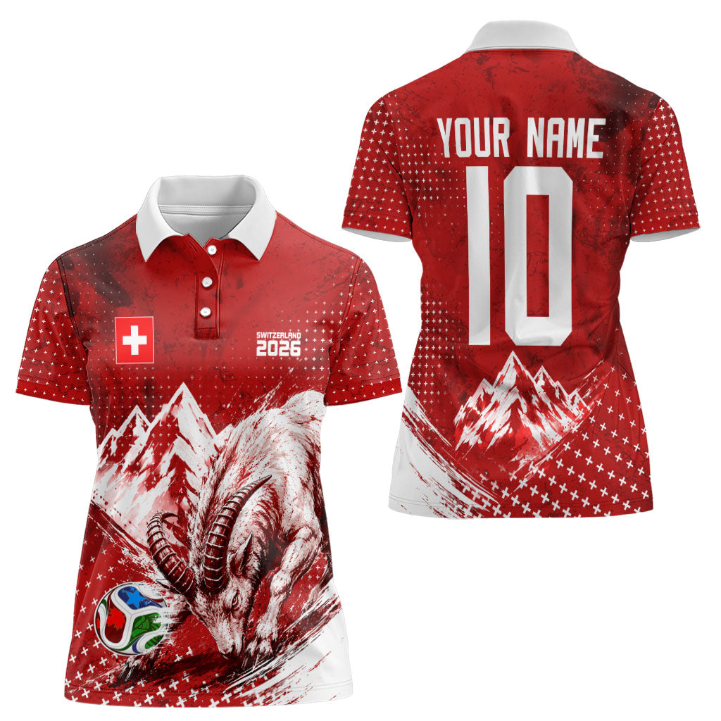 Personalized Switzerland Ibex Soccer 2026 Women Polo Shirt Grunge Swiss Football Cross Mountain