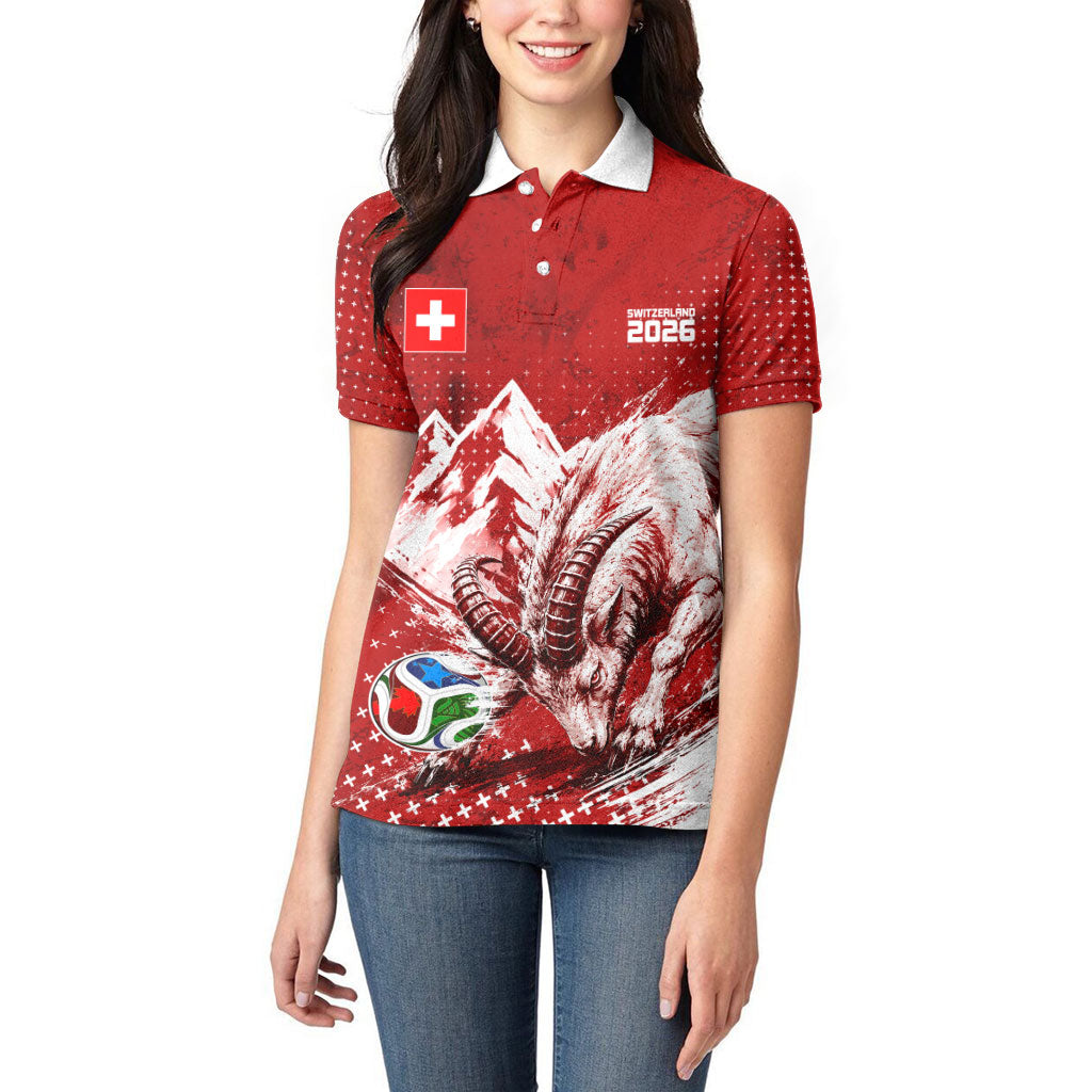 Personalized Switzerland Ibex Soccer 2026 Women Polo Shirt Grunge Swiss Football Cross Mountain