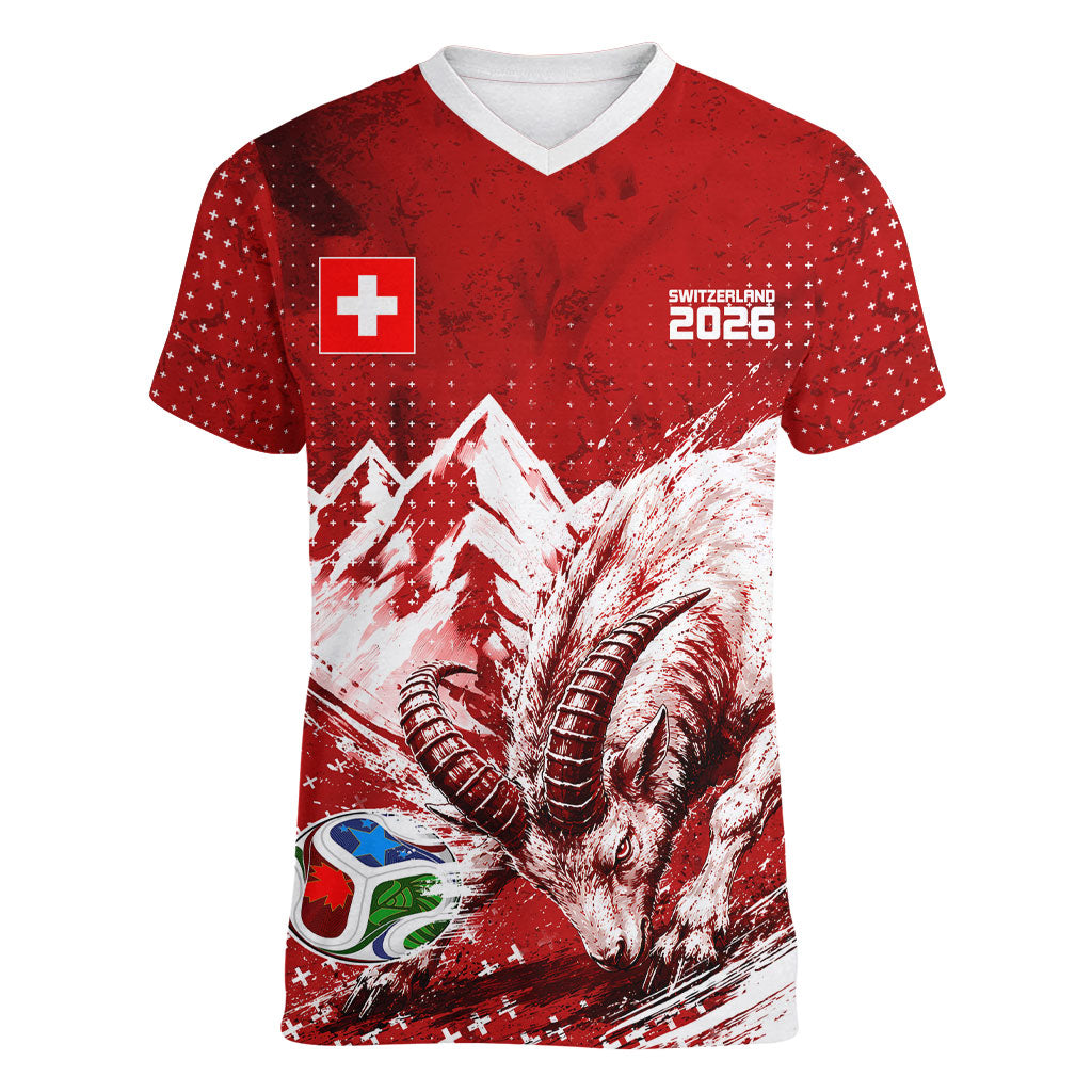 Personalized Switzerland Ibex Soccer 2026 Women V-Neck T-Shirt Grunge Swiss Football Cross Mountain