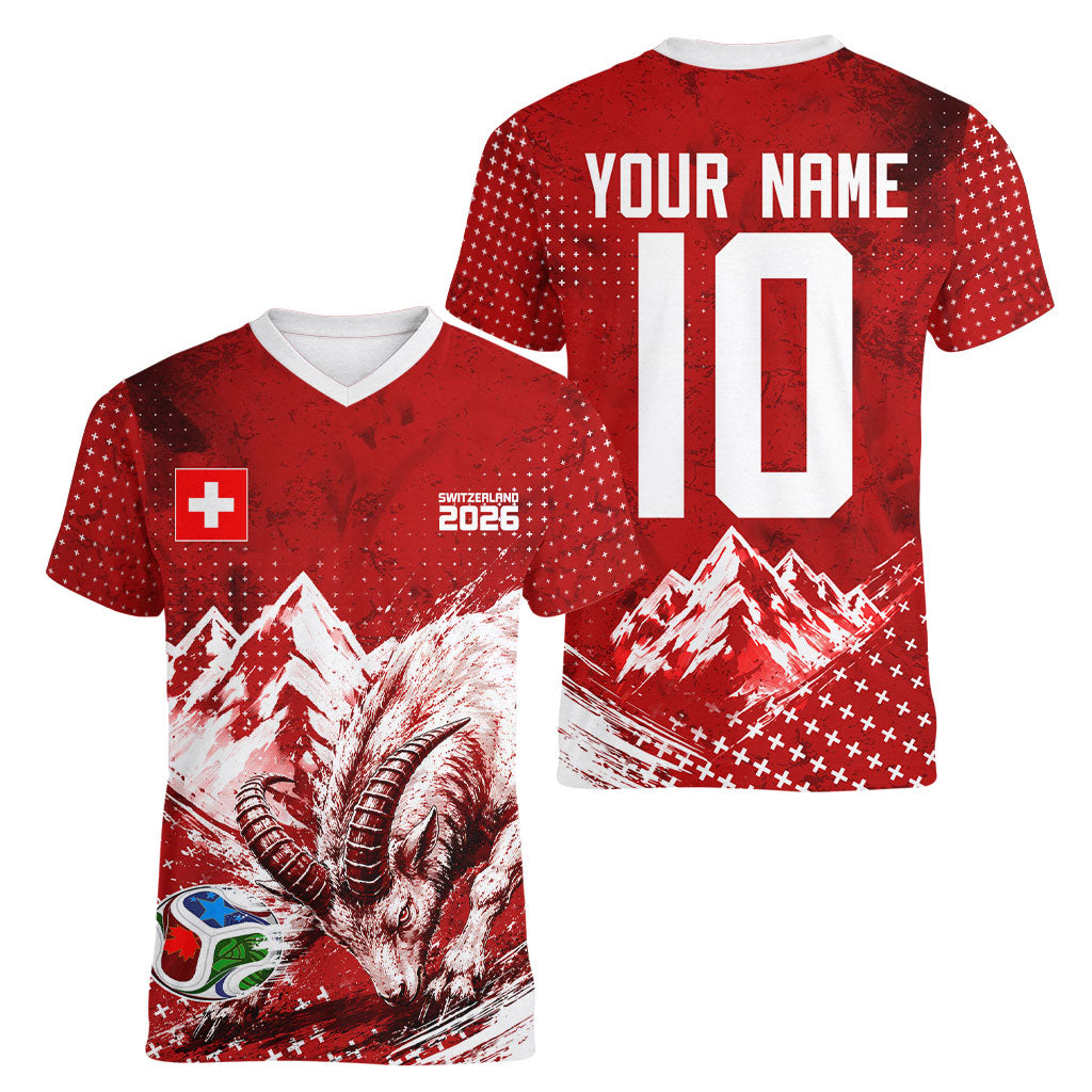Personalized Switzerland Ibex Soccer 2026 Women V-Neck T-Shirt Grunge Swiss Football Cross Mountain