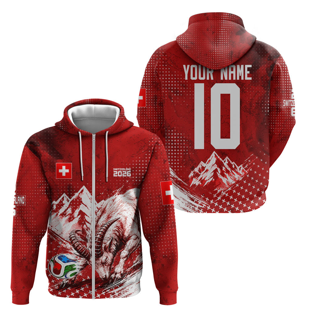 Personalized Switzerland Ibex Soccer 2026 Zip Hoodie Grunge Swiss Football Cross Mountain