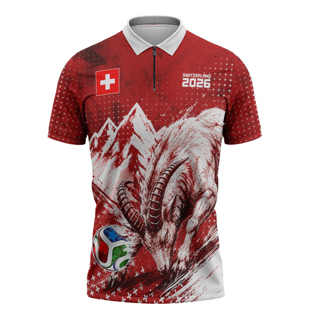 Personalized Switzerland Ibex Soccer 2026 Zipper Polo Shirt Grunge Swiss Football Cross Mountain