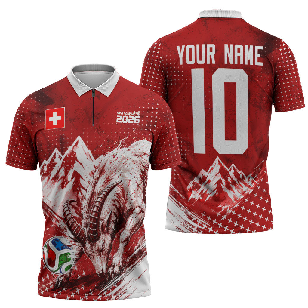 Personalized Switzerland Ibex Soccer 2026 Zipper Polo Shirt Grunge Swiss Football Cross Mountain
