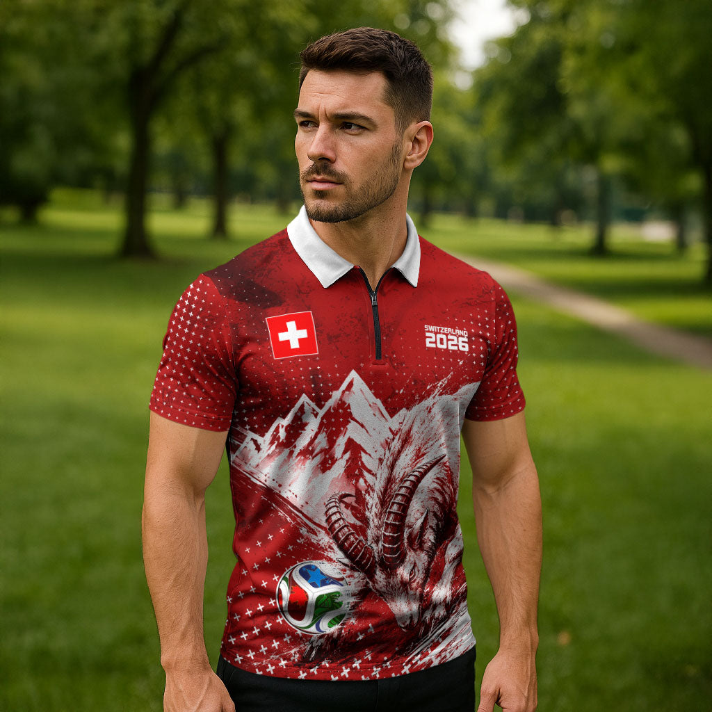 Personalized Switzerland Ibex Soccer 2026 Zipper Polo Shirt Grunge Swiss Football Cross Mountain
