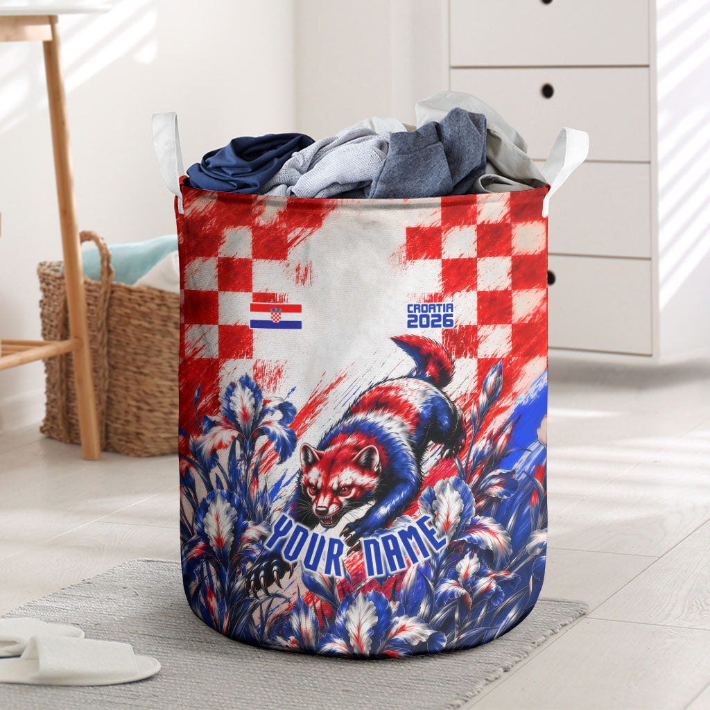 Personalized Croatia Marten Soccer 2026 Laundry Basket Football Grunge Checkerboard Croatian Iris Floral
