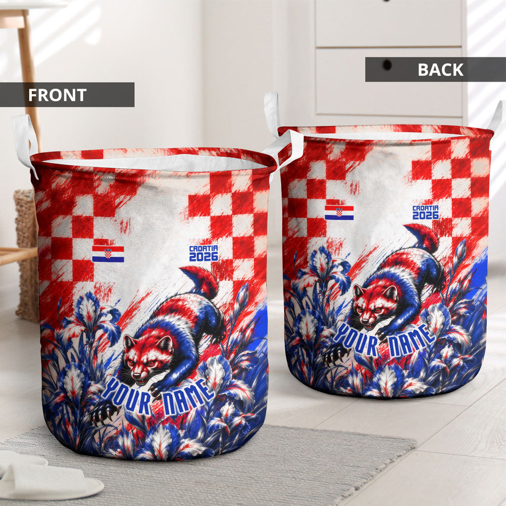 Personalized Croatia Marten Soccer 2026 Laundry Basket Football Grunge Checkerboard Croatian Iris Floral