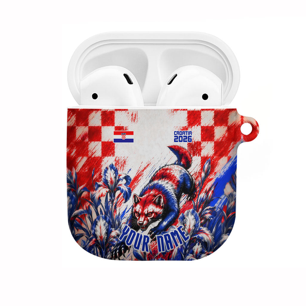 Personalized Croatia Marten Soccer 2026 AirPods Case Football Grunge Checkerboard Croatian Iris Floral