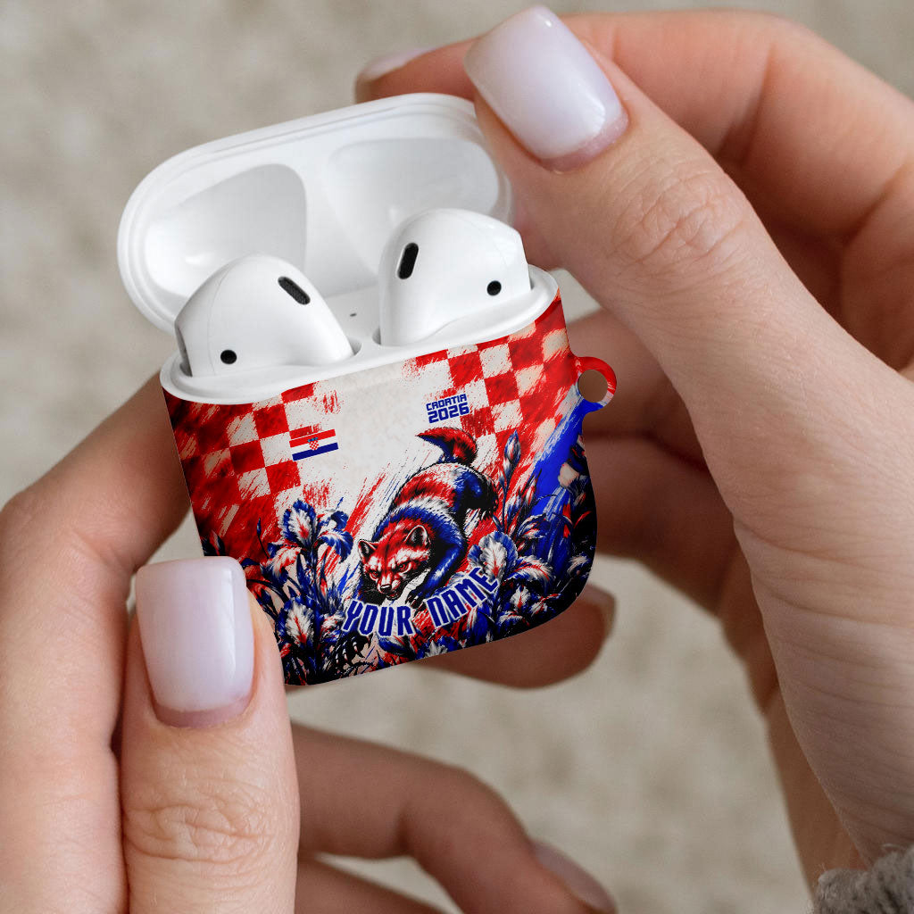 Personalized Croatia Marten Soccer 2026 AirPods Case Football Grunge Checkerboard Croatian Iris Floral