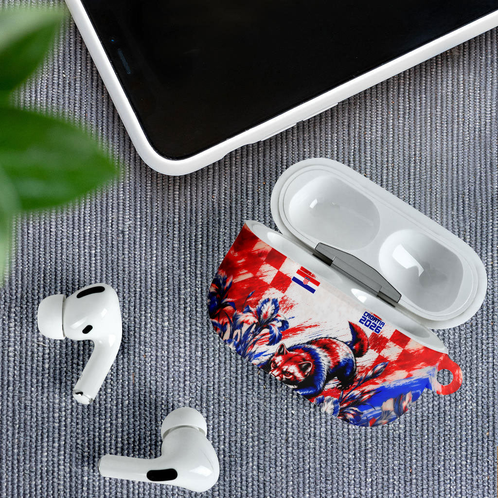 Personalized Croatia Marten Soccer 2026 AirPods Case Football Grunge Checkerboard Croatian Iris Floral