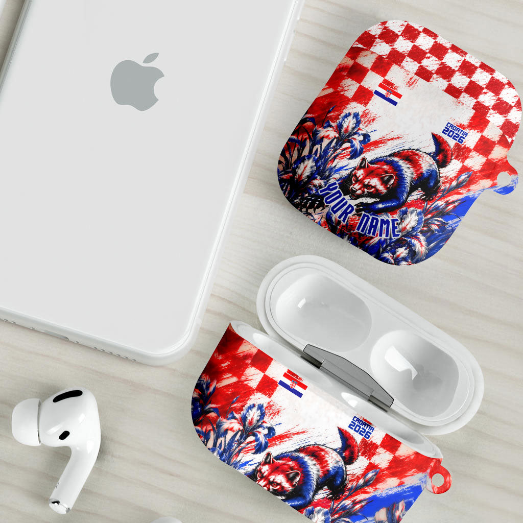 Personalized Croatia Marten Soccer 2026 AirPods Case Football Grunge Checkerboard Croatian Iris Floral