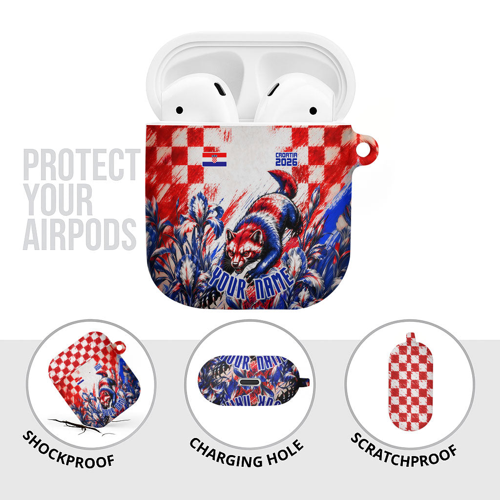 Personalized Croatia Marten Soccer 2026 AirPods Case Football Grunge Checkerboard Croatian Iris Floral
