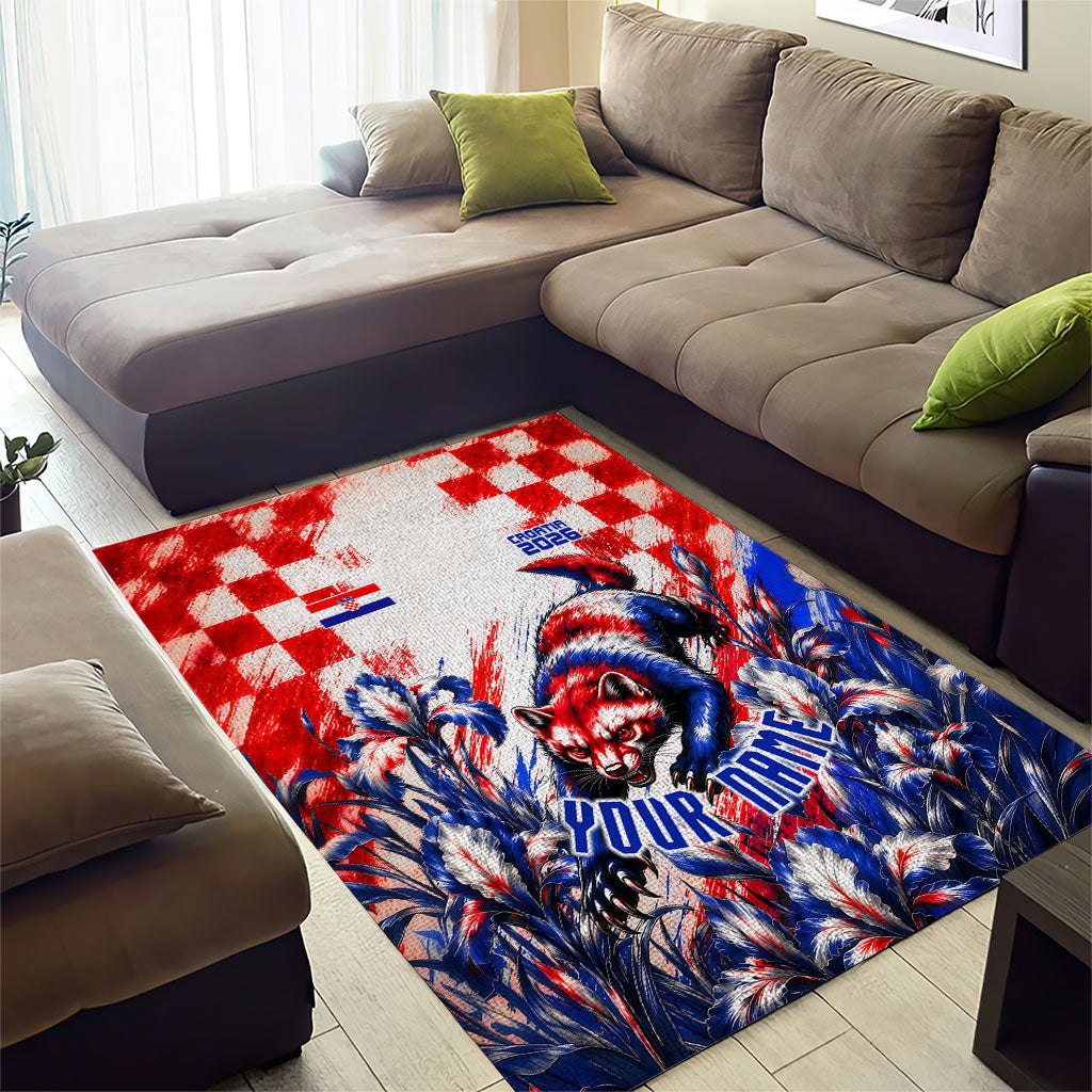 Personalized Croatia Marten Soccer 2026 Area Rug Football Grunge Checkerboard Croatian Iris Floral