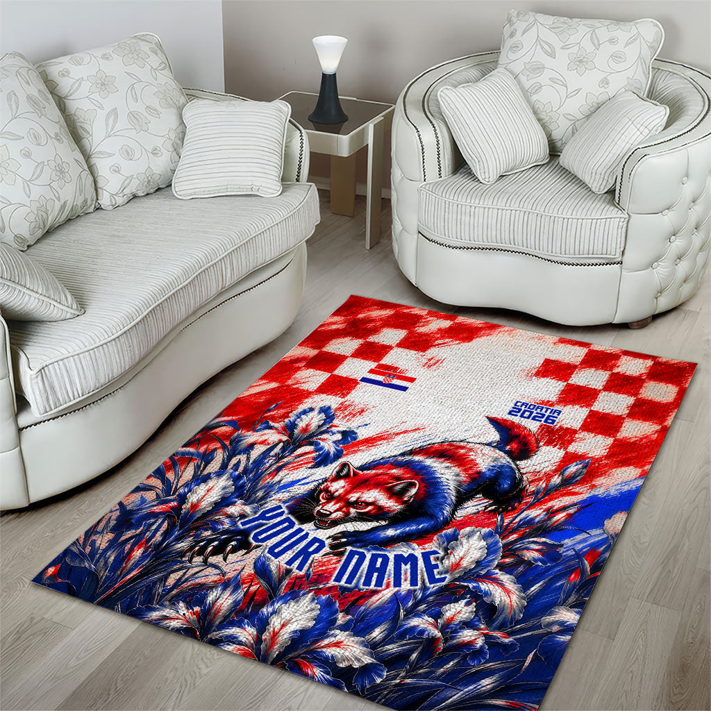 Personalized Croatia Marten Soccer 2026 Area Rug Football Grunge Checkerboard Croatian Iris Floral