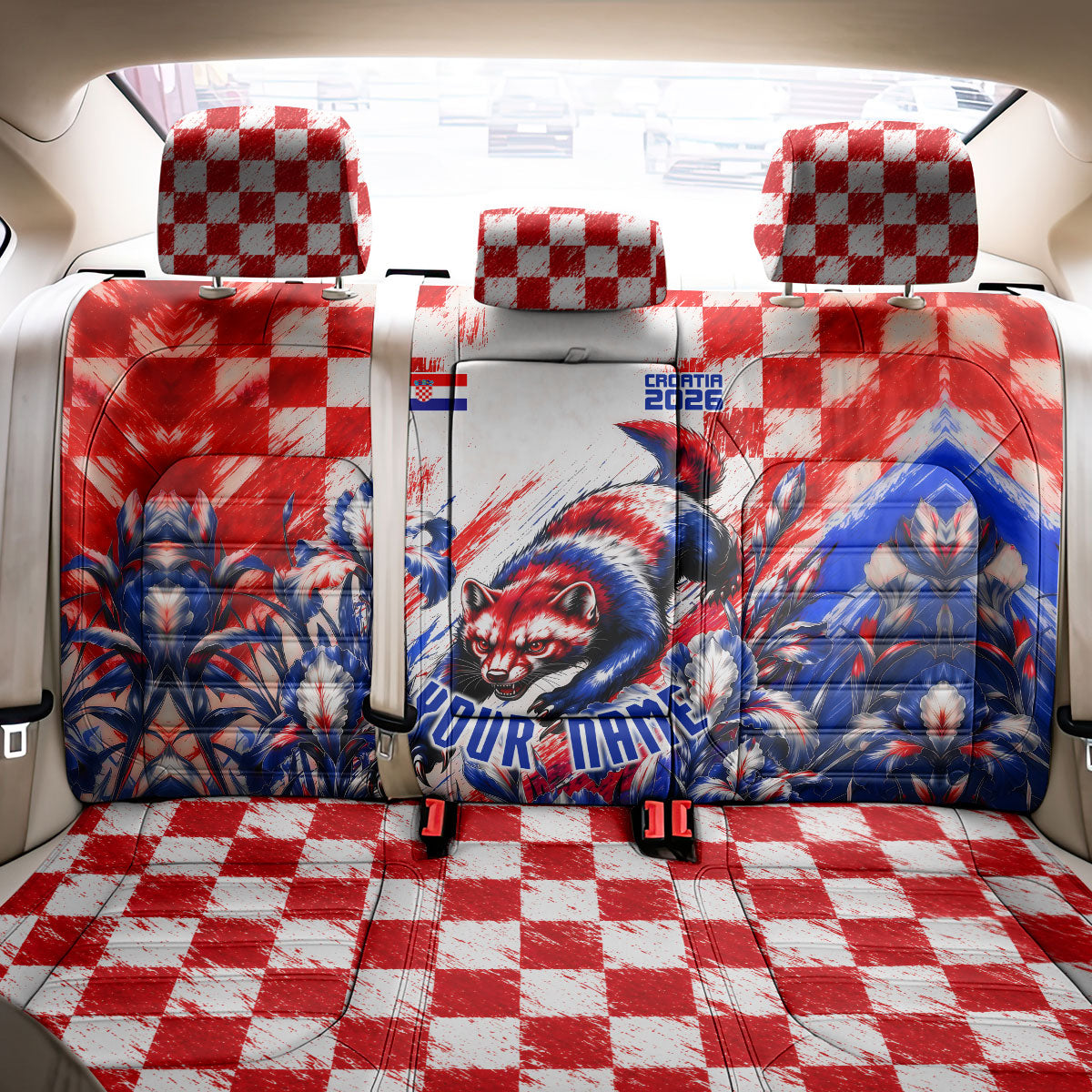 Personalized Croatia Marten Soccer 2026 Back Car Seat Cover Football Grunge Checkerboard Croatian Iris Floral