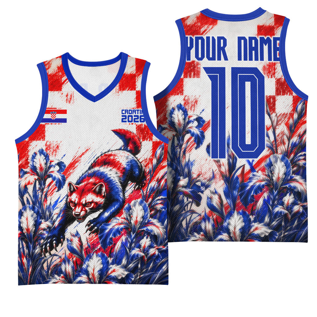 Personalized Croatia Marten Soccer 2026 Basketball Jersey Football Grunge Checkerboard Croatian Iris Floral