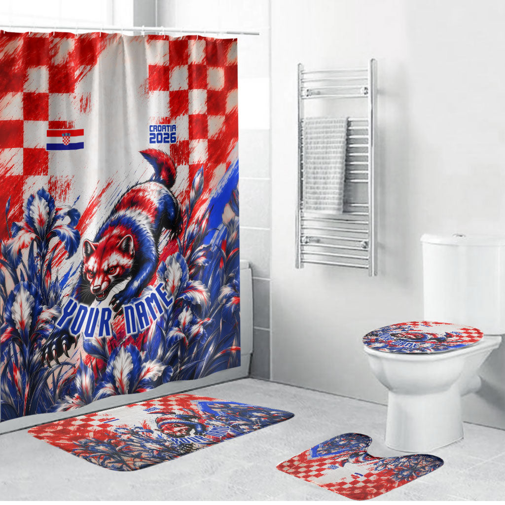 Personalized Croatia Marten Soccer 2026 Bathroom Set Football Grunge Checkerboard Croatian Iris Floral