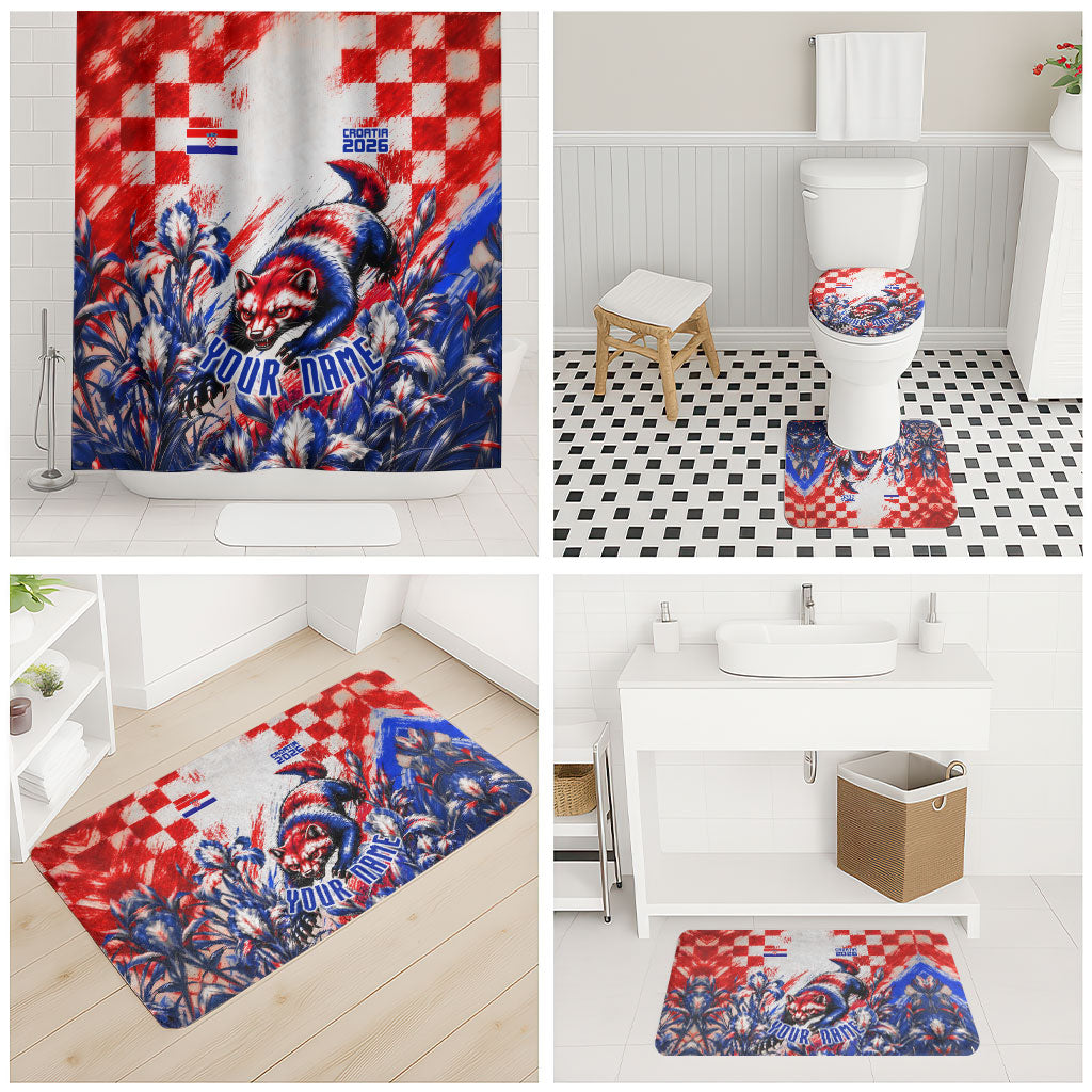 Personalized Croatia Marten Soccer 2026 Bathroom Set Football Grunge Checkerboard Croatian Iris Floral