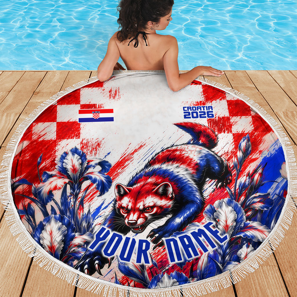 Personalized Croatia Marten Soccer 2026 Beach Blanket Football Grunge Checkerboard Croatian Iris Floral