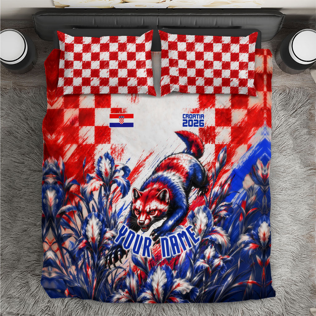 Personalized Croatia Marten Soccer 2026 Bedding Set Football Grunge Checkerboard Croatian Iris Floral
