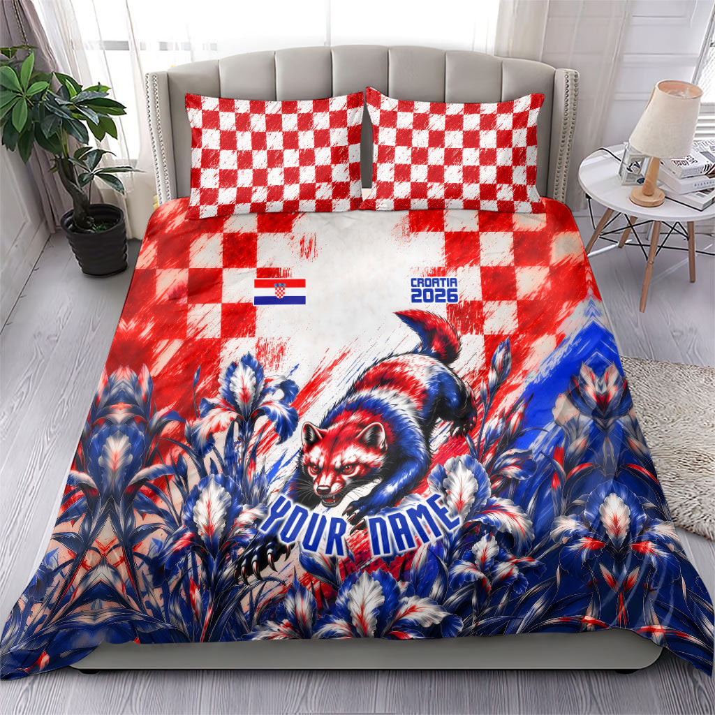 Personalized Croatia Marten Soccer 2026 Bedding Set Football Grunge Checkerboard Croatian Iris Floral