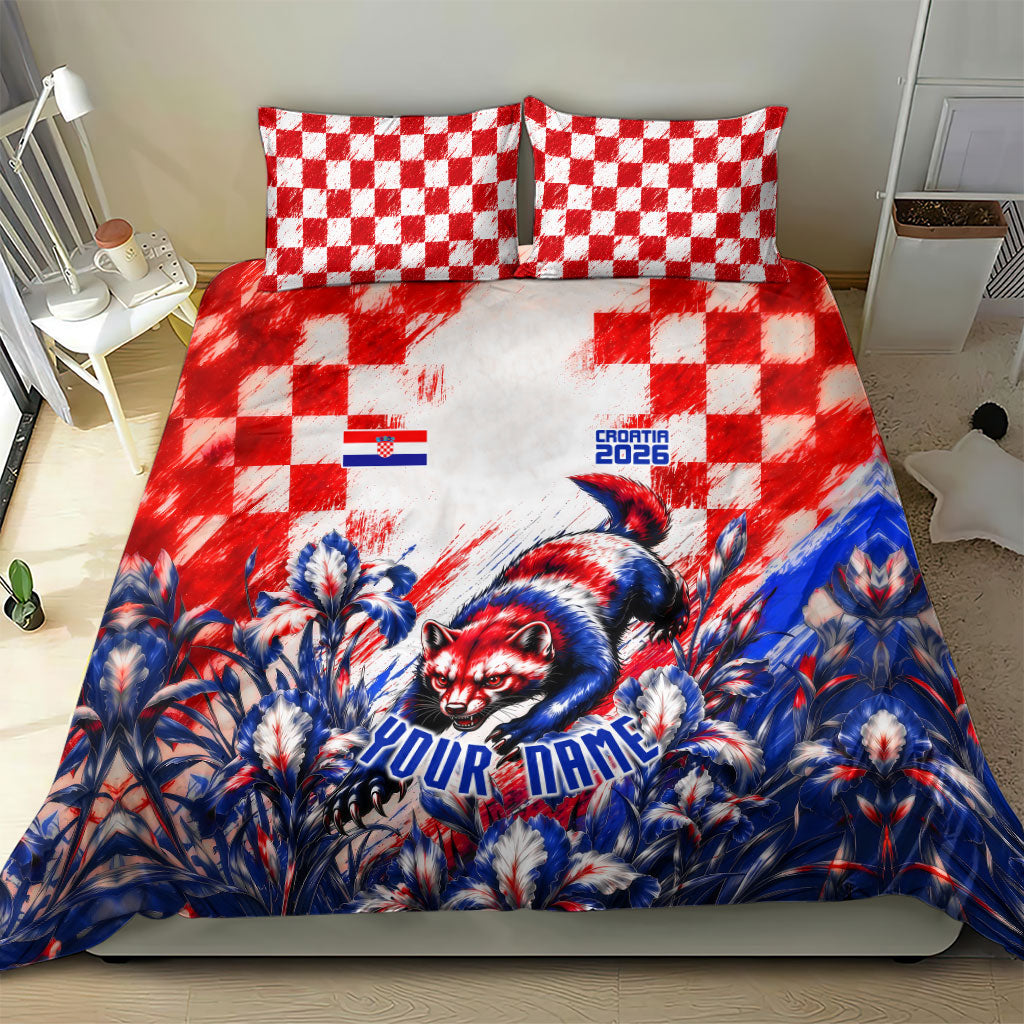 Personalized Croatia Marten Soccer 2026 Bedding Set Football Grunge Checkerboard Croatian Iris Floral