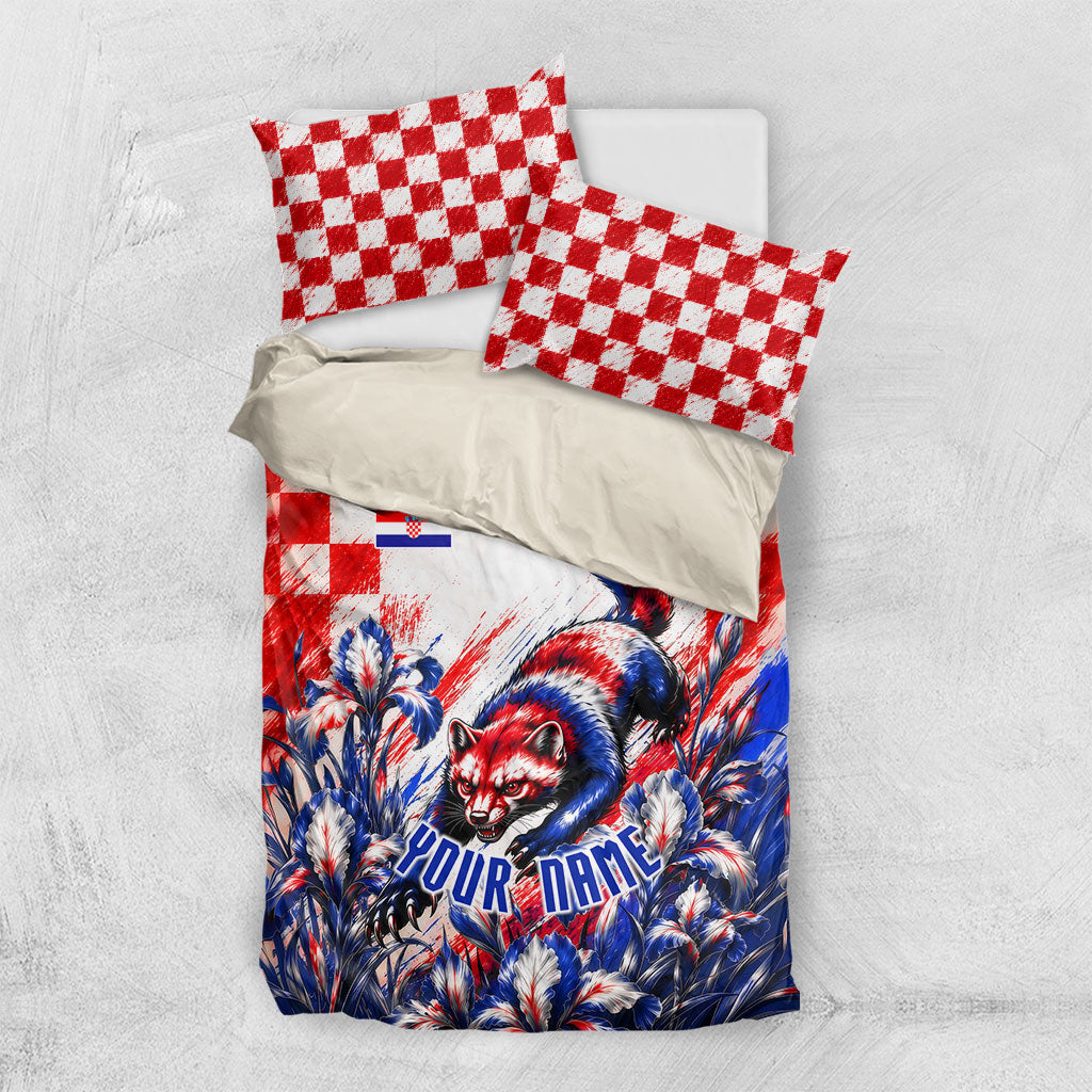 Personalized Croatia Marten Soccer 2026 Bedding Set Football Grunge Checkerboard Croatian Iris Floral