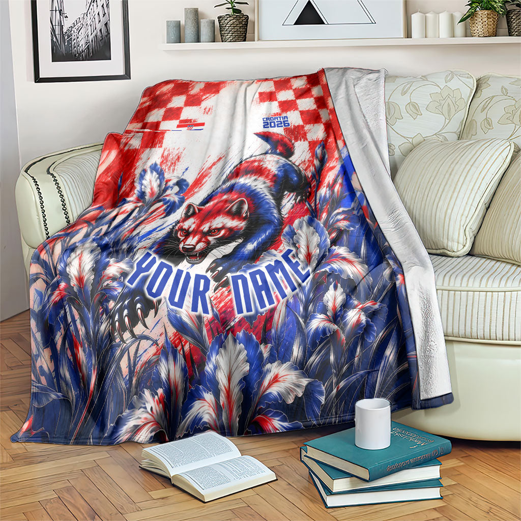 Personalized Croatia Marten Soccer 2026 Blanket Football Grunge Checkerboard Croatian Iris Floral