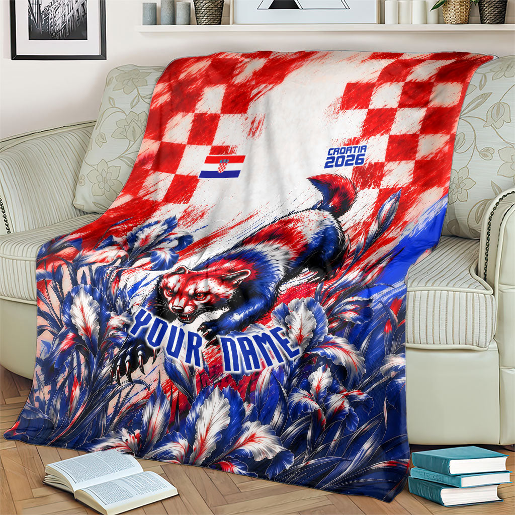 Personalized Croatia Marten Soccer 2026 Blanket Football Grunge Checkerboard Croatian Iris Floral
