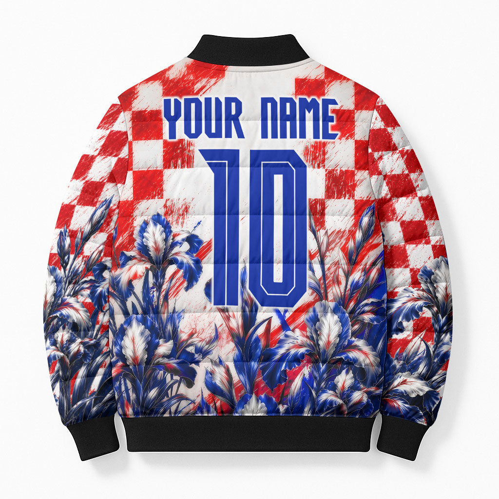 Personalized Croatia Marten Soccer 2026 Bomber Puffer Jacket Football Grunge Checkerboard Croatian Iris Floral