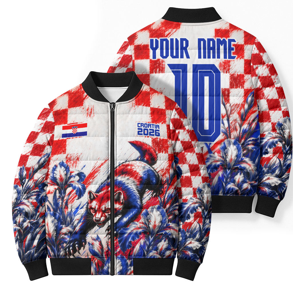 Personalized Croatia Marten Soccer 2026 Bomber Puffer Jacket Football Grunge Checkerboard Croatian Iris Floral
