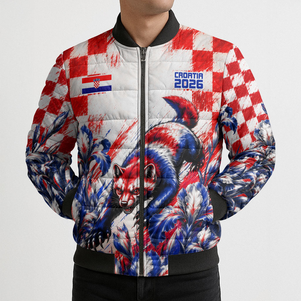 Personalized Croatia Marten Soccer 2026 Bomber Puffer Jacket Football Grunge Checkerboard Croatian Iris Floral
