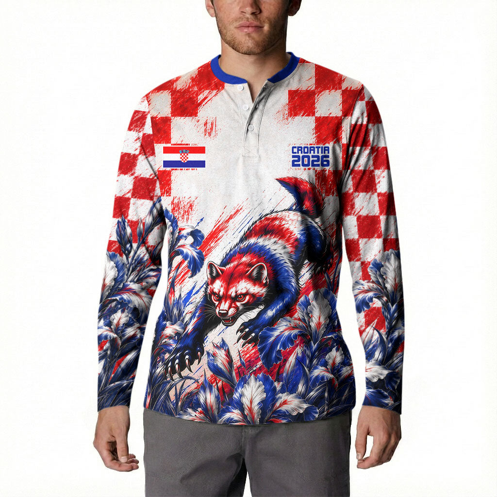 Personalized Croatia Marten Soccer 2026 Button Sweatshirt Football Grunge Checkerboard Croatian Iris Floral