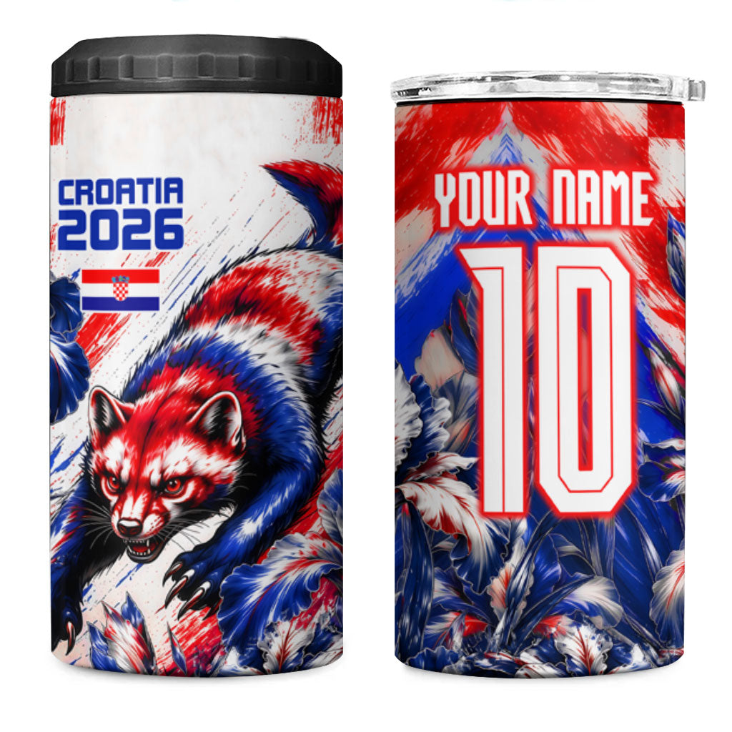 Personalized Croatia Marten Soccer 2026 4 in 1 Can Cooler Tumbler Football Grunge Checkerboard Croatian Iris Floral
