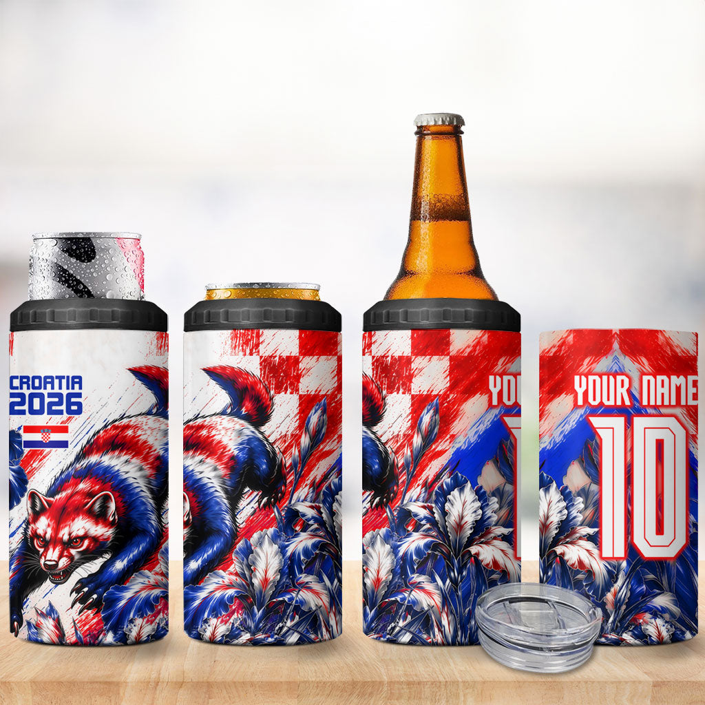 Personalized Croatia Marten Soccer 2026 4 in 1 Can Cooler Tumbler Football Grunge Checkerboard Croatian Iris Floral