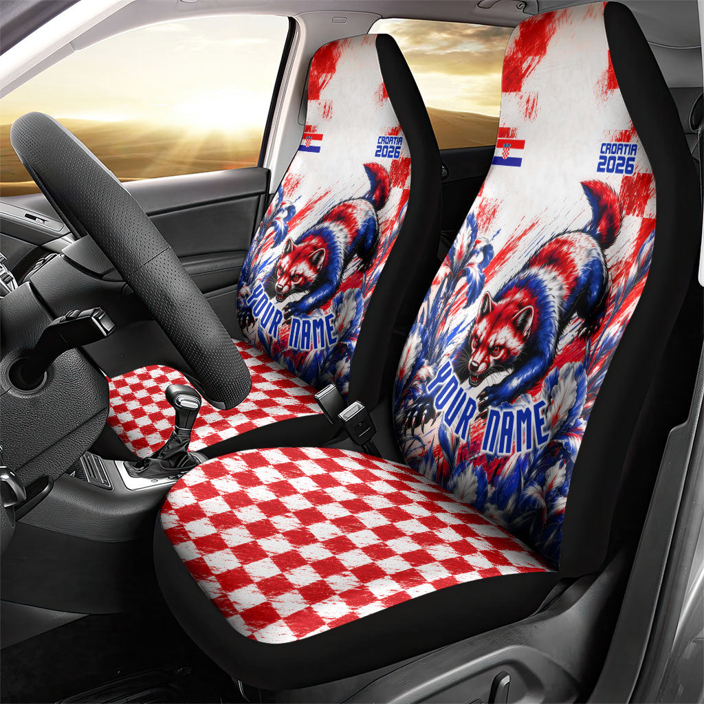 Personalized Croatia Marten Soccer 2026 Car Seat Cover Football Grunge Checkerboard Croatian Iris Floral