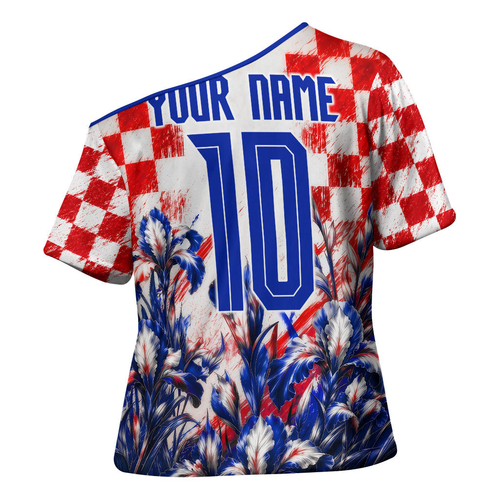Personalized Croatia Marten Soccer 2026 Cross Shoulder Shirt Football Grunge Checkerboard Croatian Iris Floral
