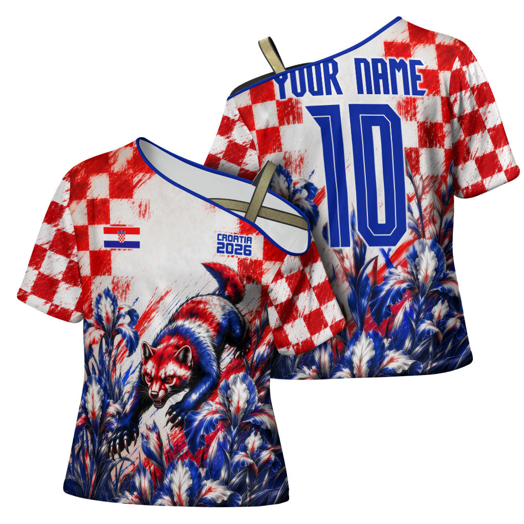 Personalized Croatia Marten Soccer 2026 Cross Shoulder Shirt Football Grunge Checkerboard Croatian Iris Floral