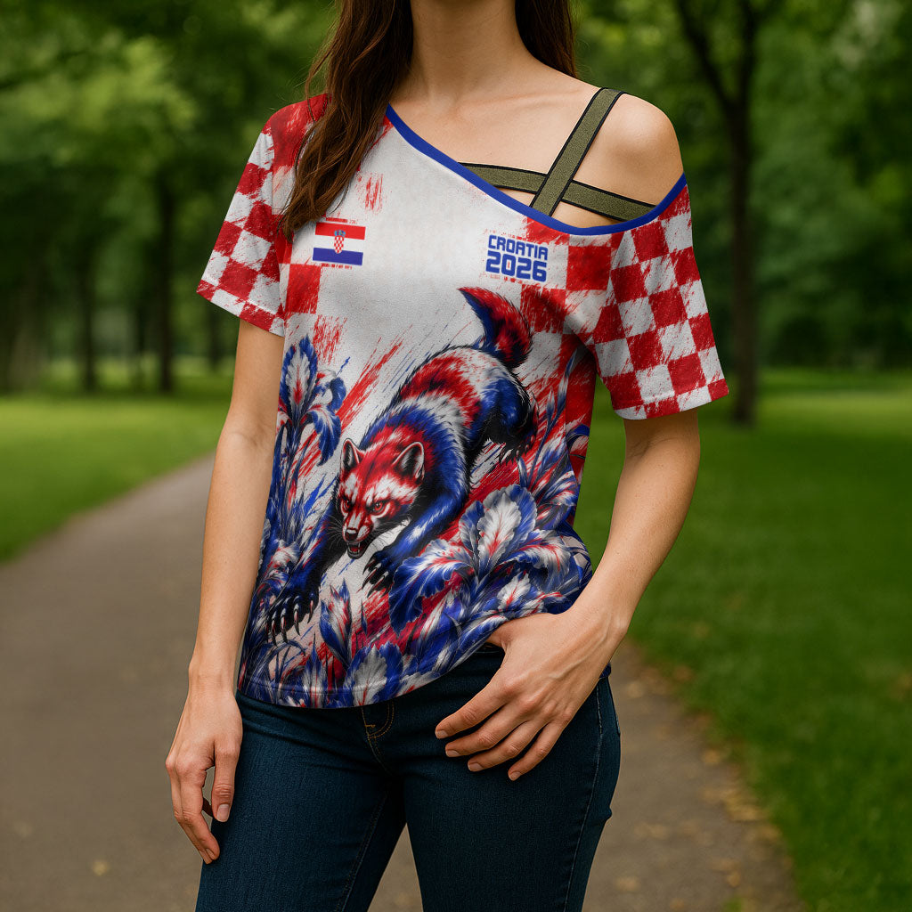 Personalized Croatia Marten Soccer 2026 Cross Shoulder Shirt Football Grunge Checkerboard Croatian Iris Floral