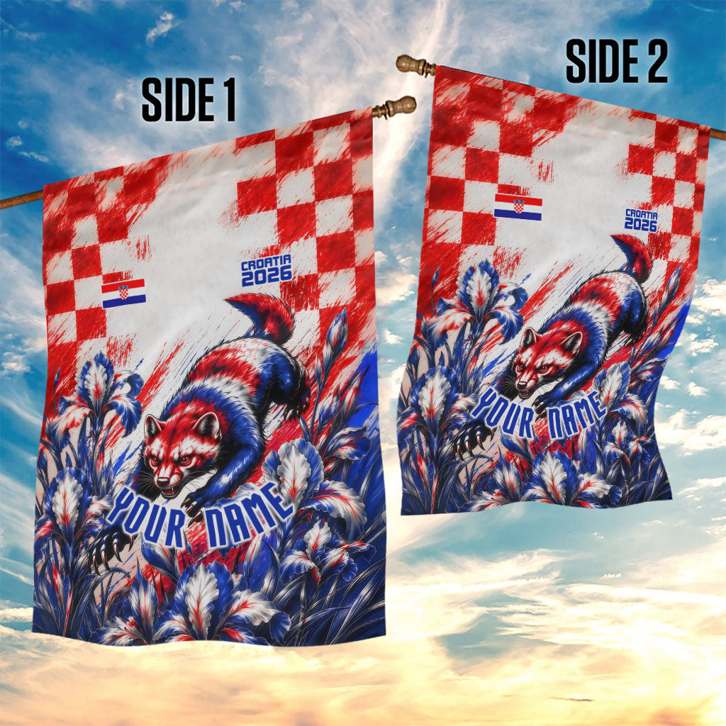Personalized Croatia Marten Soccer 2026 Garden Flag Football Grunge Checkerboard Croatian Iris Floral