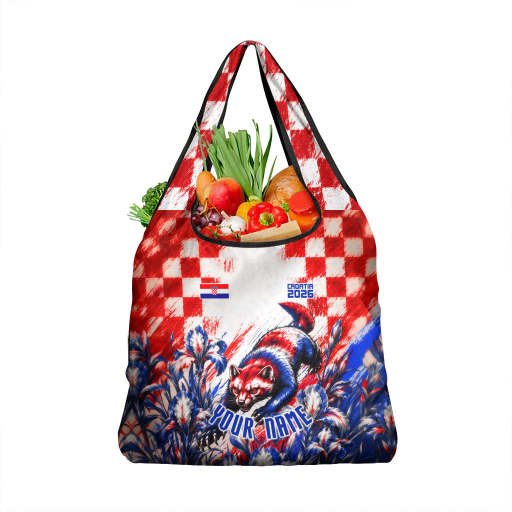 Personalized Croatia Marten Soccer 2026 Grocery Bag Football Grunge Checkerboard Croatian Iris Floral