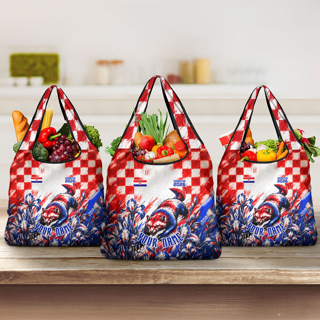 Personalized Croatia Marten Soccer 2026 Grocery Bag Football Grunge Checkerboard Croatian Iris Floral