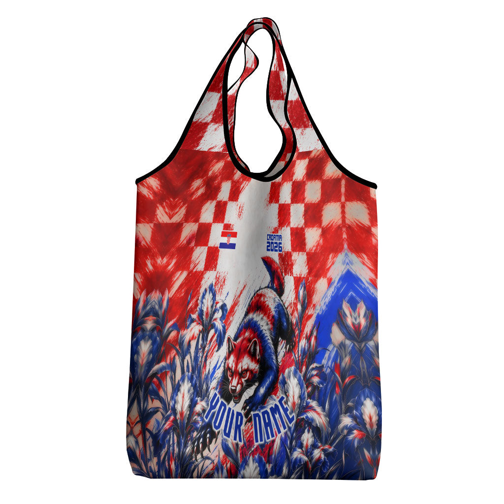 Personalized Croatia Marten Soccer 2026 Grocery Bag Football Grunge Checkerboard Croatian Iris Floral
