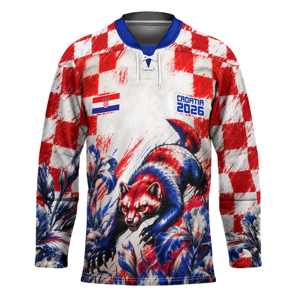 Personalized Croatia Marten Soccer 2026 Hockey Jersey Football Grunge Checkerboard Croatian Iris Floral