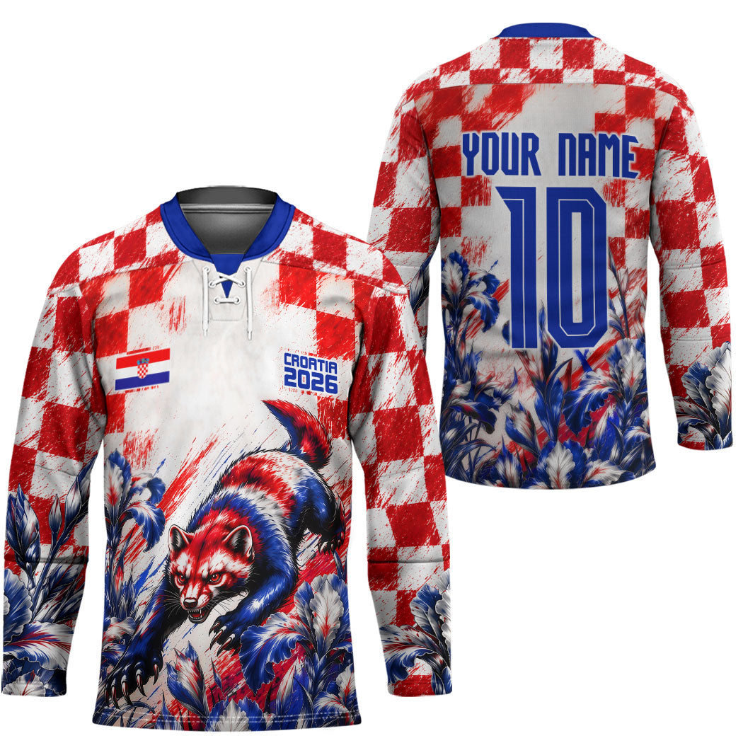 Personalized Croatia Marten Soccer 2026 Hockey Jersey Football Grunge Checkerboard Croatian Iris Floral